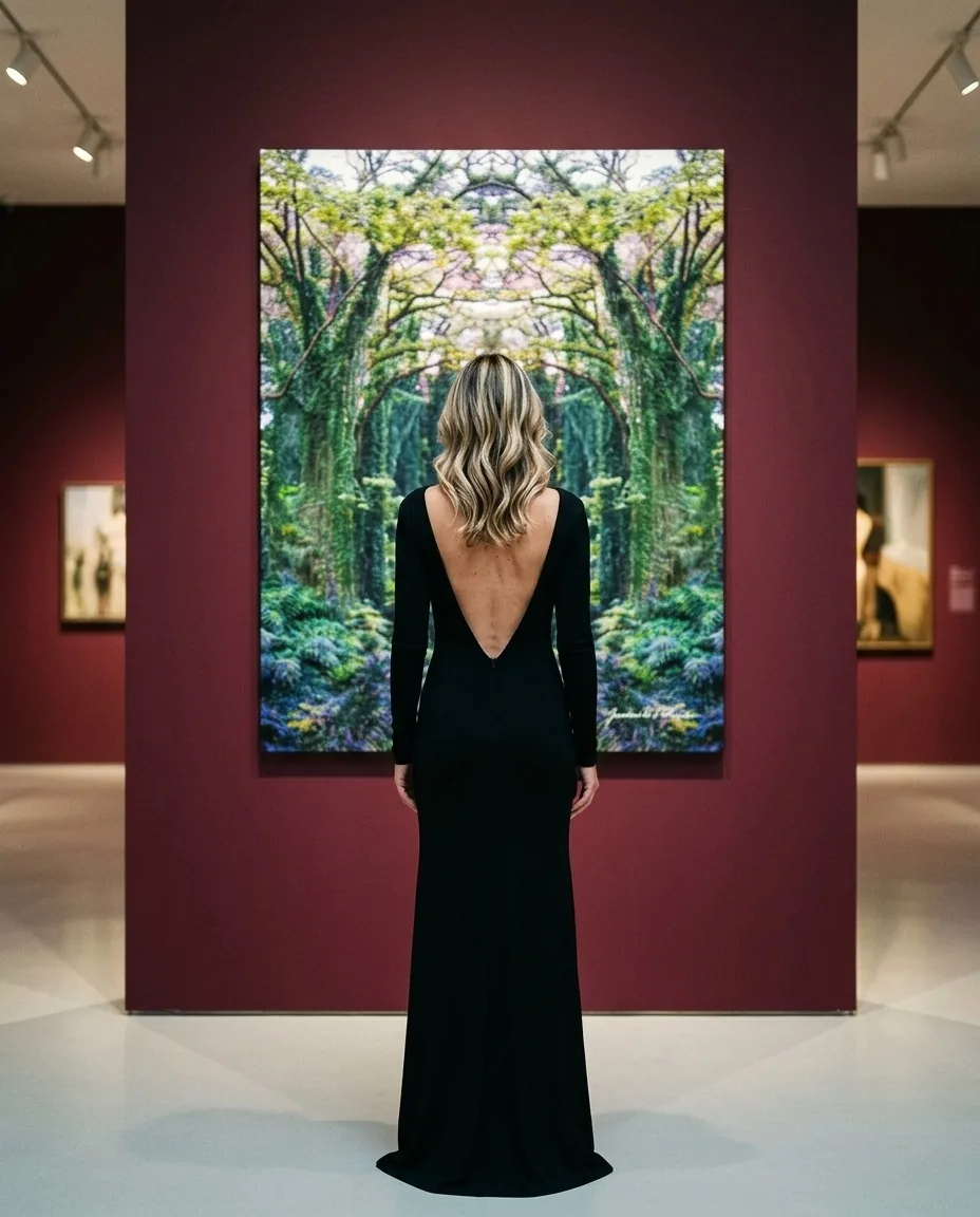 Gurudarshan standing alone in a gallery, facing one of her own mirrored pieces on an oxblood wall