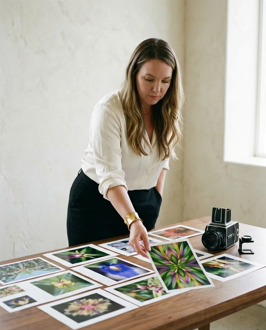 Gurudarshan laying out a grid of her prints on a long table, a medium-format camera beside them