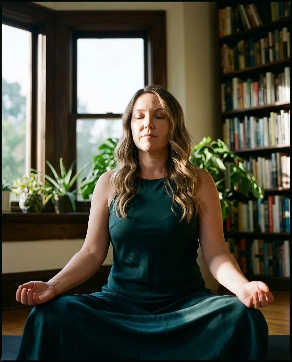 Gurudarshan sitting cross-legged in a forest-green dress, eyes closed, a bay window and a wall of books behind her