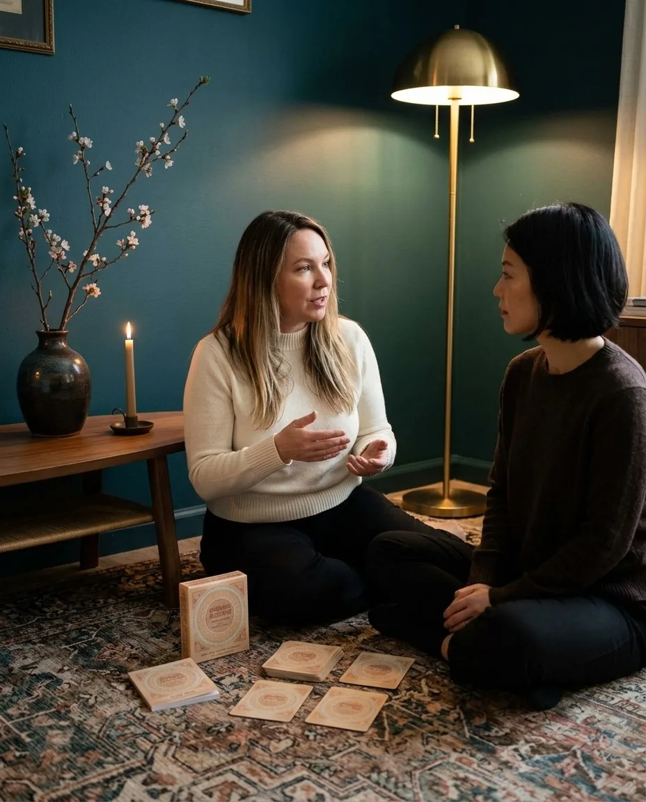 Two women sitting on a rug with the Kundalini Blessings cards laid out between them, a brass lamp and a teal wall behind