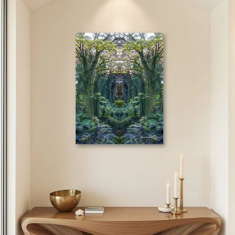 Cathedral hung in a lamplit alcove above a singing bowl and candles