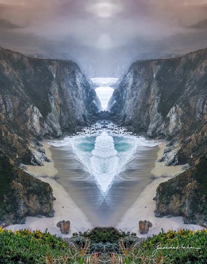 Morning Ascension — a mirrored waterfall temple