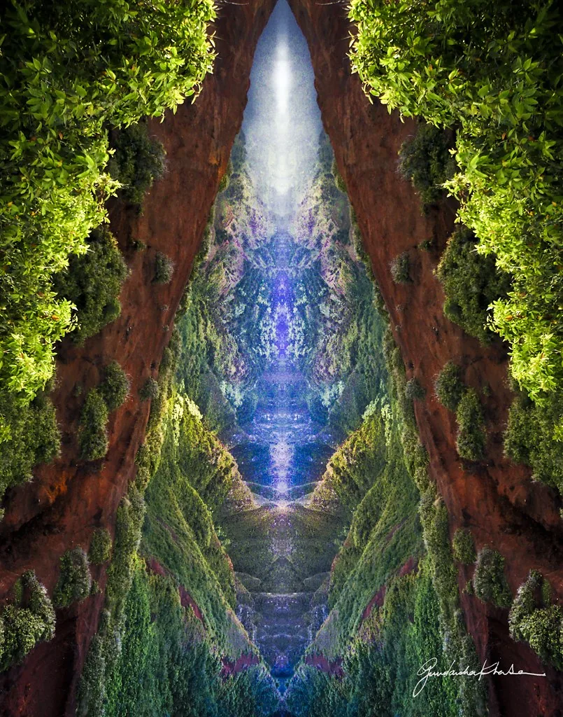 Portal — mirrored light through a cavern of green